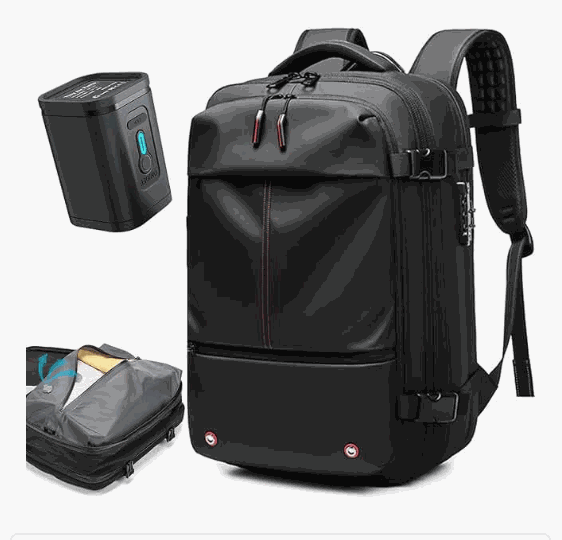 Sac à dos noir avec système de compression sous vide pour optimiser l'espace de rangement