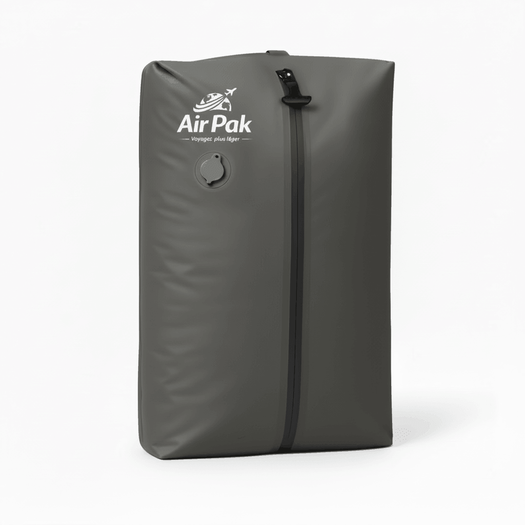 Sac de compression sous vide 17L pour réduire volume vêtements et optimiser espace bagages, disponible en noir, gris et kaki.